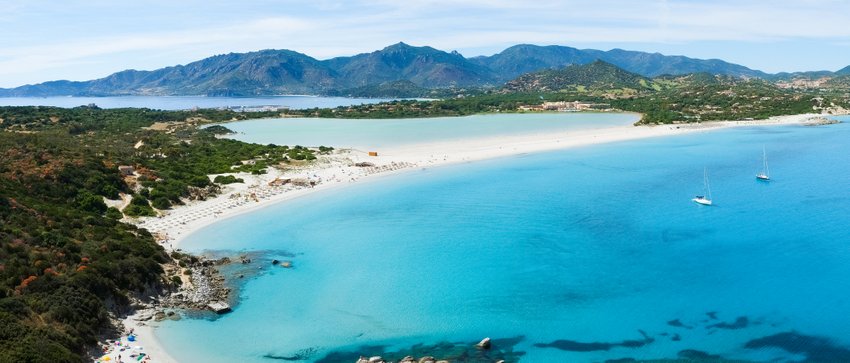 Aerial view of Villasimius  and Porto Giunco beach, Sardinia, Italy